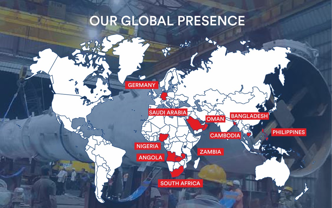 ATSPL global presence map — Germany, Saudi Arabia, Oman, Bangladesh, Cambodia, Philippines, Nigeria, Angola, Zambia, South Africa
